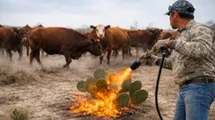 Why do farmers in arid regions burn cacti with fire?